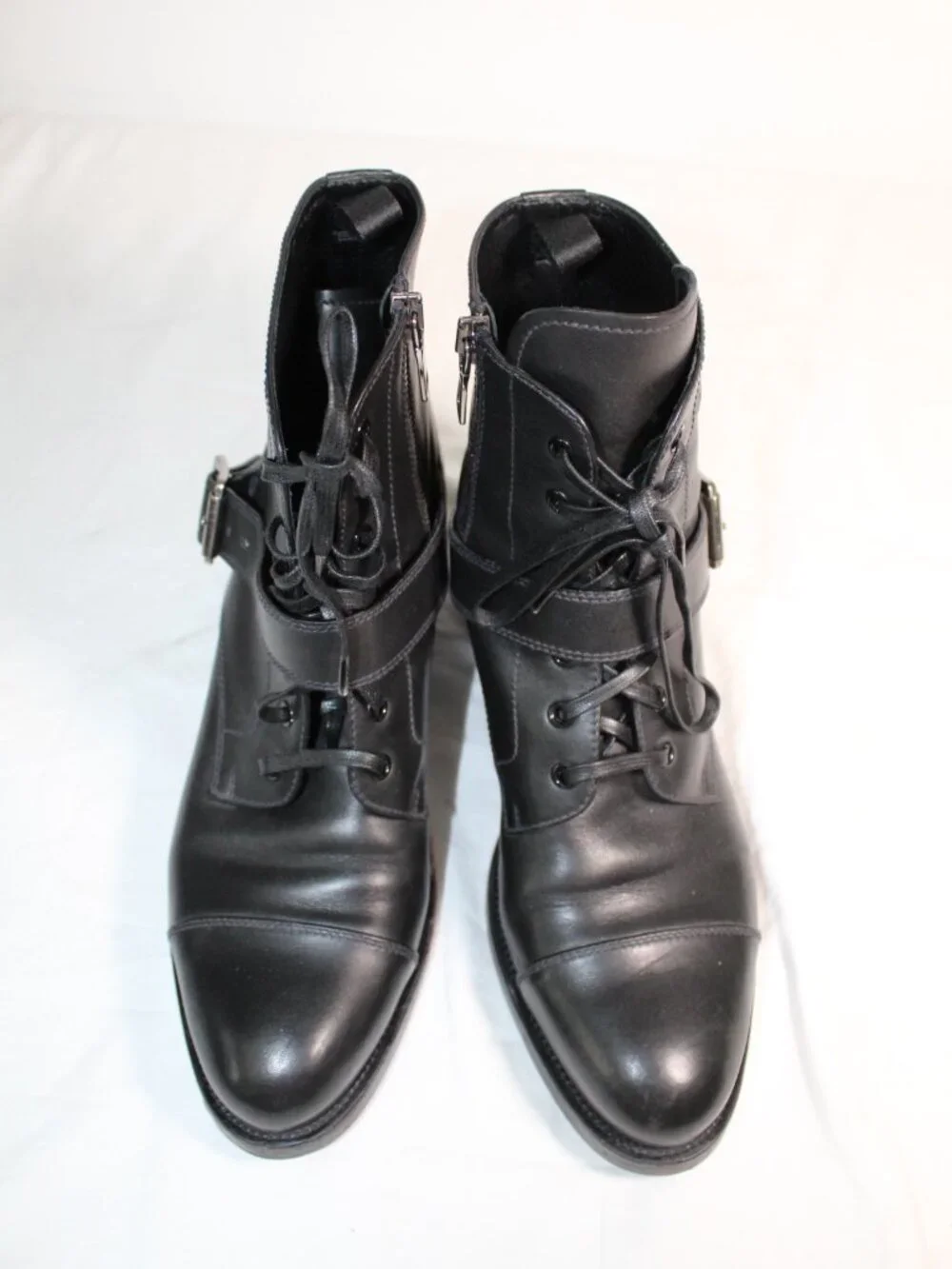 PRADA Black Leather Booties Side Zip Ankle Heel Boots Buckle Lace Up 40